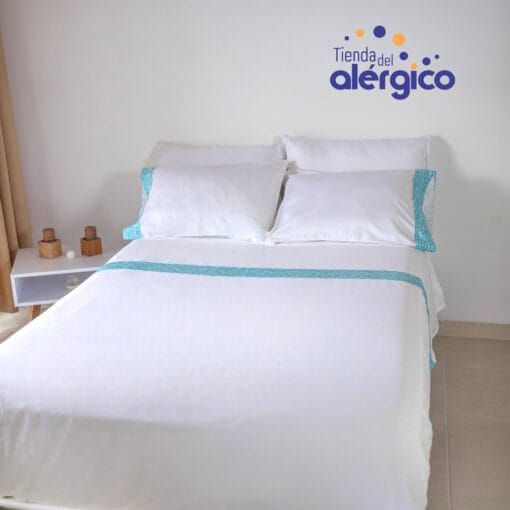 Juego De Cama Doble Blanco Ondas Verdes 100% Algodón